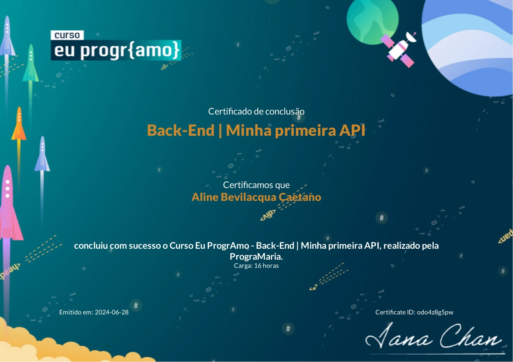 Certificado do curso Back-end minha primeira API