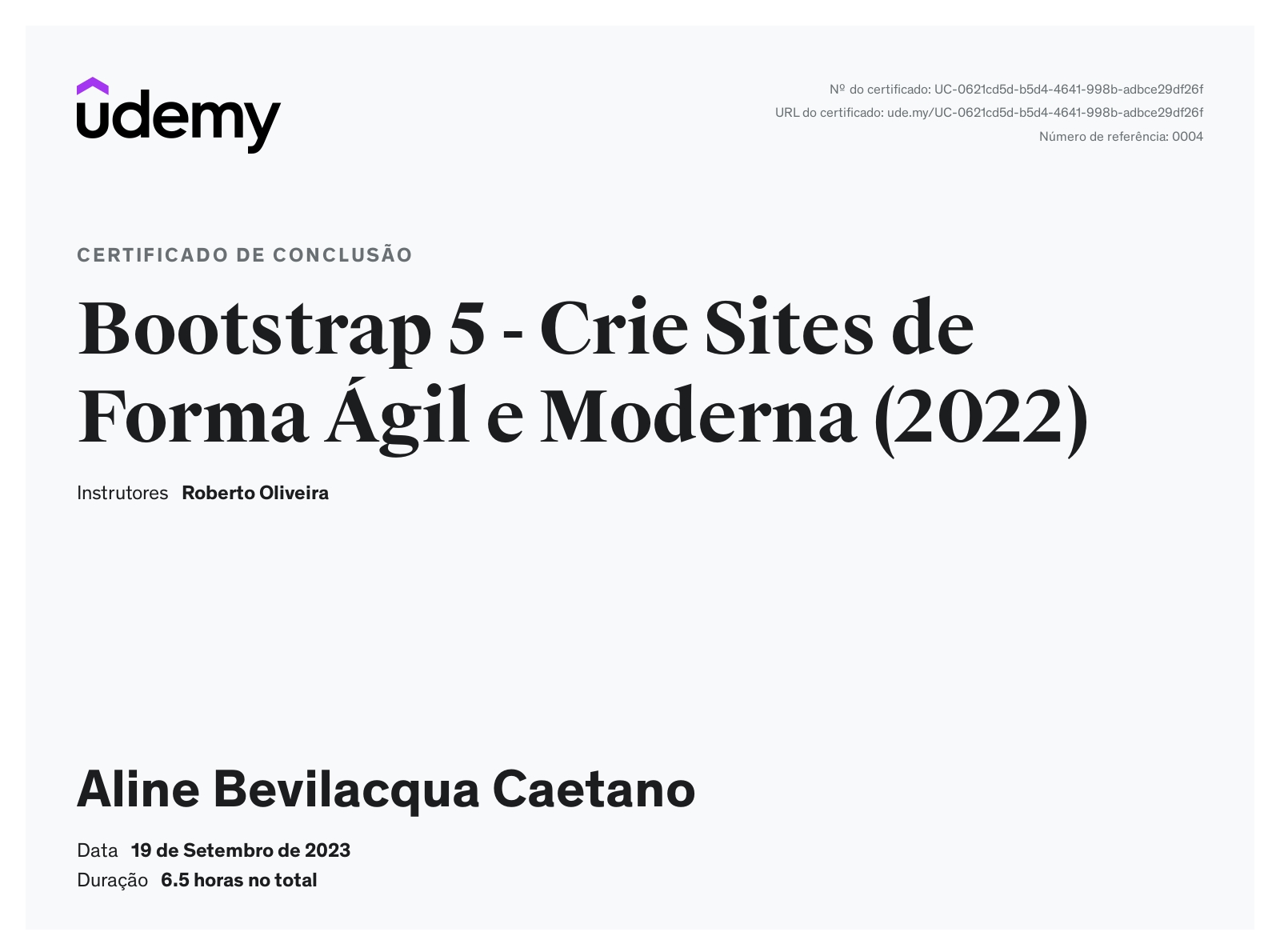 Certificado do curso de Bootstrap 5 do Roberto Oliveira