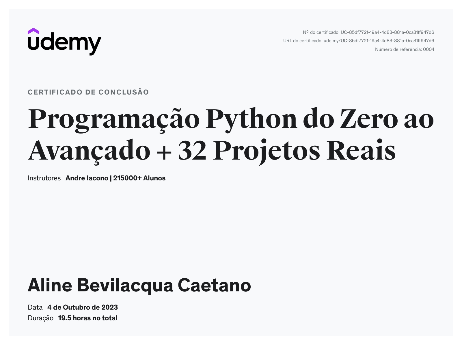 Certificado do curso de Python do André Iacono
